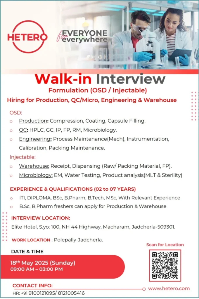 Hetero Labs Hiring Freshers & Experienced for Production / QC / Warehouse / Microbiology / Engineering Hetero Labs Hiring Freshers & Experienced for Production / QC / Warehouse / Microbiology / Engineering