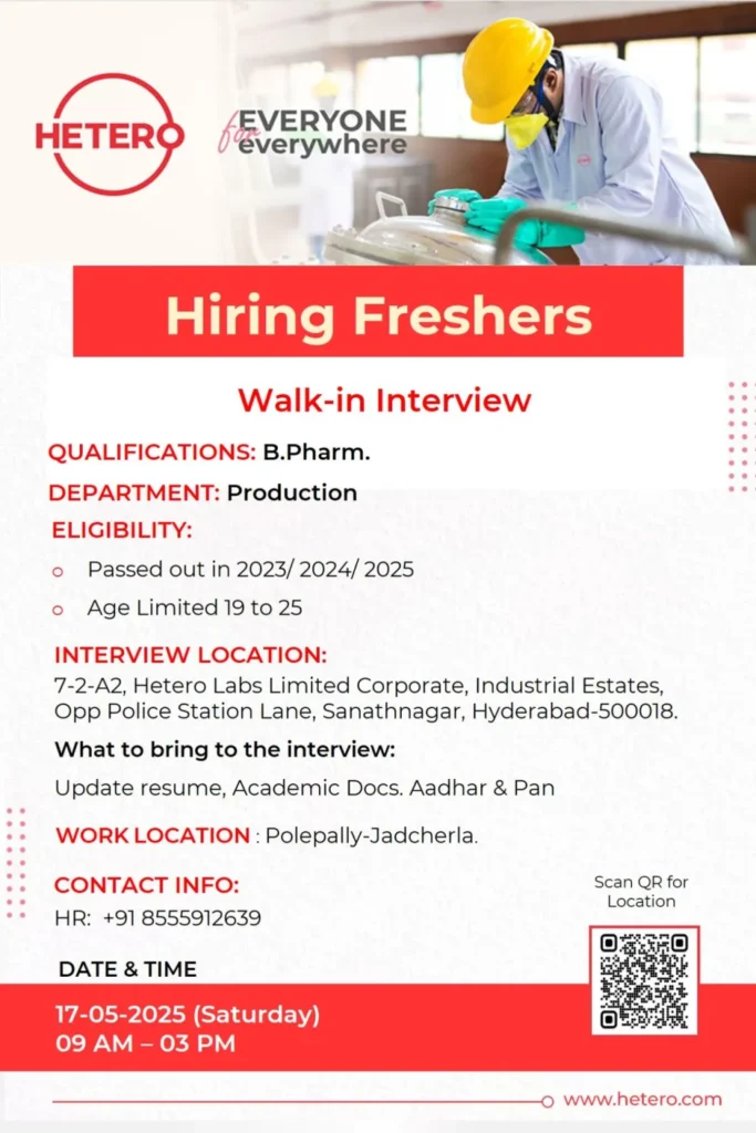 HETERO is Hiring Freshers for B.Pharm Graduates in Production – Don’t Miss This Opportunity! HETERO is Hiring Freshers for B.Pharm Graduates in Production – Don’t Miss This Opportunity!