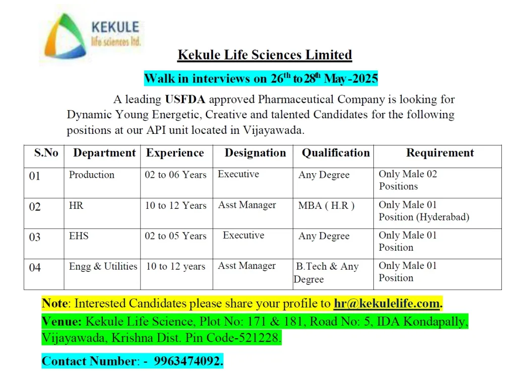 Kekule Life Sciences Limited Hiring – Multiple Openings in Production, HR, EHS & Engineering Kekule Life Sciences Limited Hiring – Multiple Openings in Production, HR, EHS & Engineering