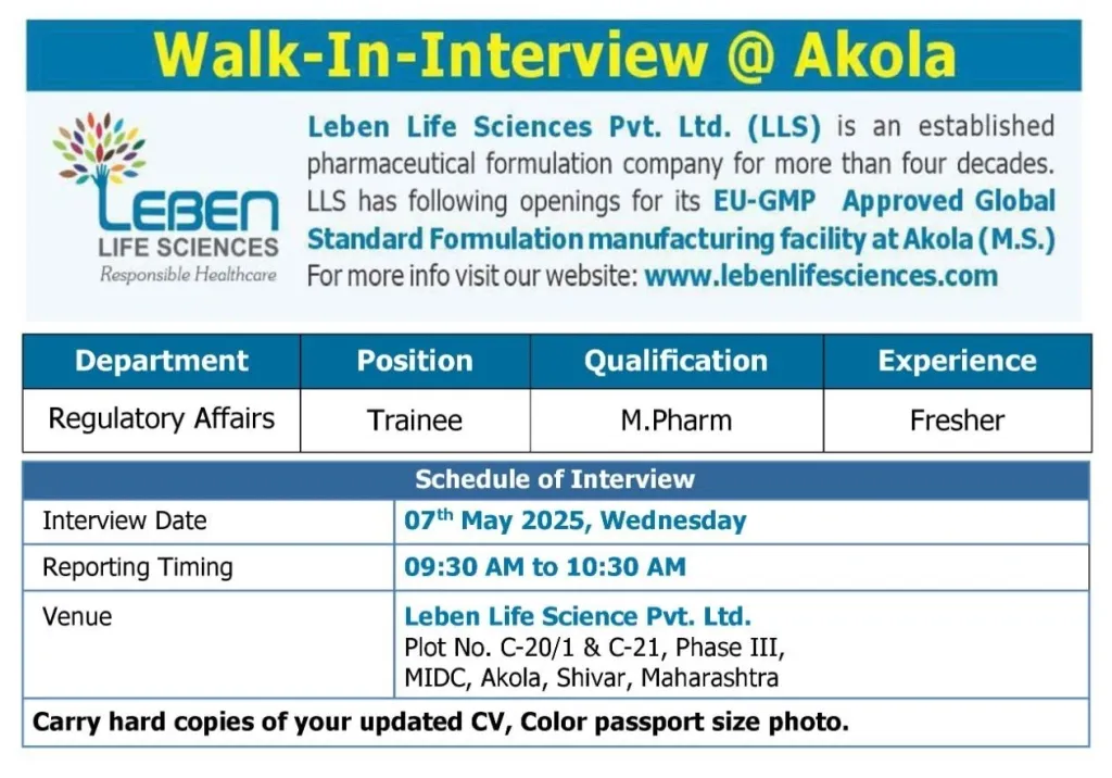 Leben Life Sciences Hiring for FRESHERS in Regulatory Affairs Leben Life Sciences Hiring for FRESHERS in Regulatory Affairs
