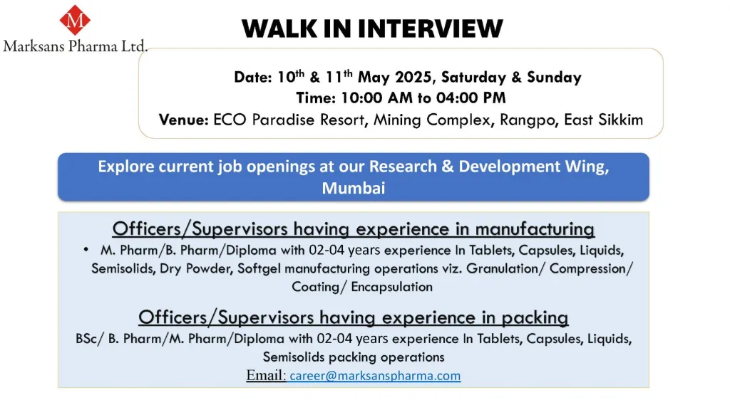 Marksans Pharma Hiring for Manufacturing / Packing Marksans Pharma Hiring for Manufacturing / Packing