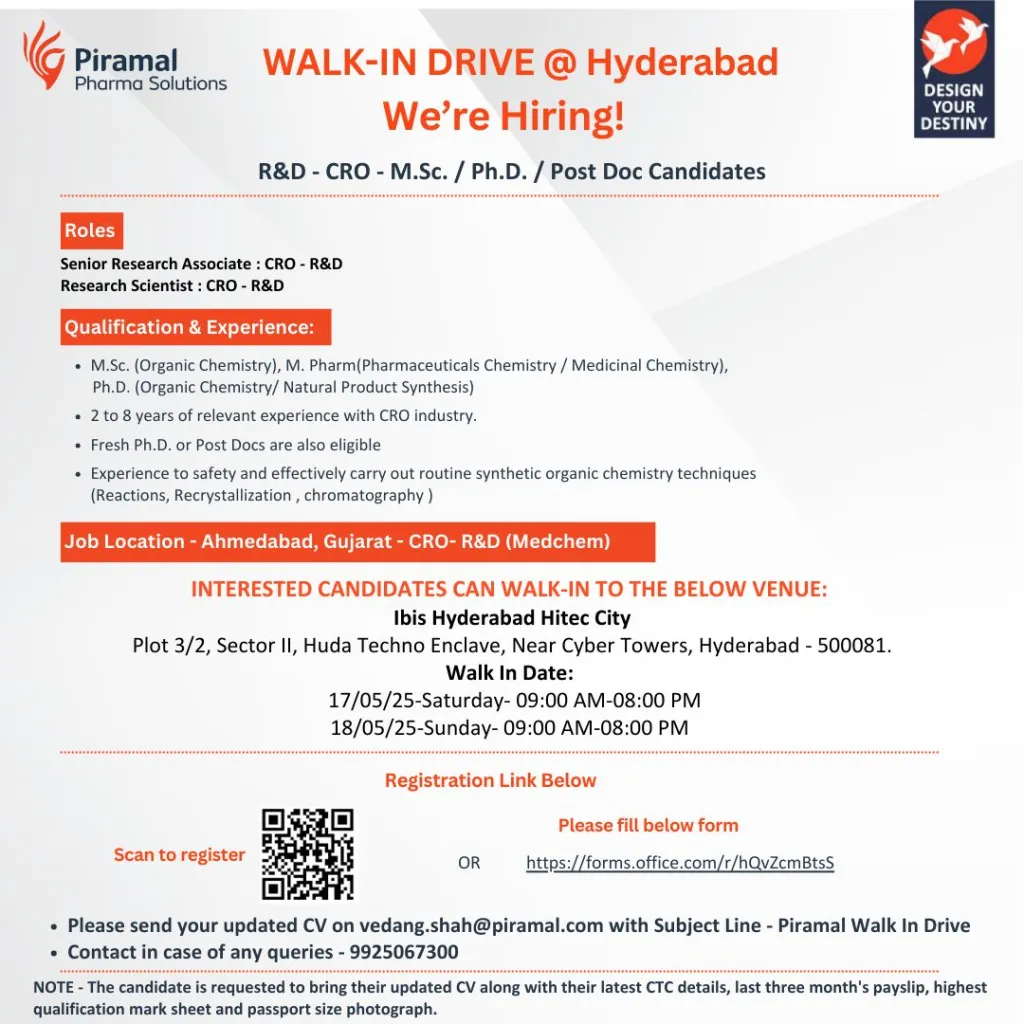 Piramal Pharma Hiring Freshers & Experienced for Sr Research Associate/ Research Scientist Piramal Pharma Hiring Freshers & Experienced for Sr Research Associate/ Research Scientist