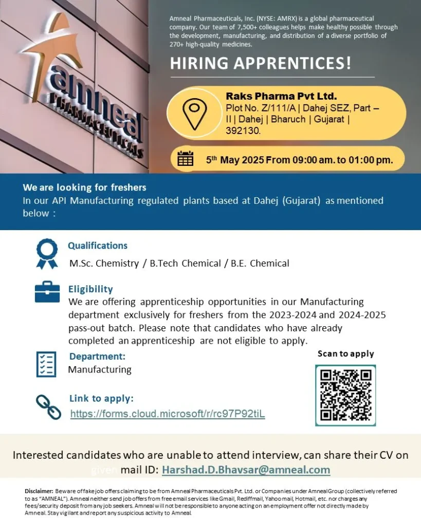 Raks Pharma (Amneal Pharma) Hiring FRESHERS for Apprentice Trainee – Production (API Plant) Raks Pharma (Amneal Pharma) Hiring FRESHERS for Apprentice Trainee – Production (API Plant)