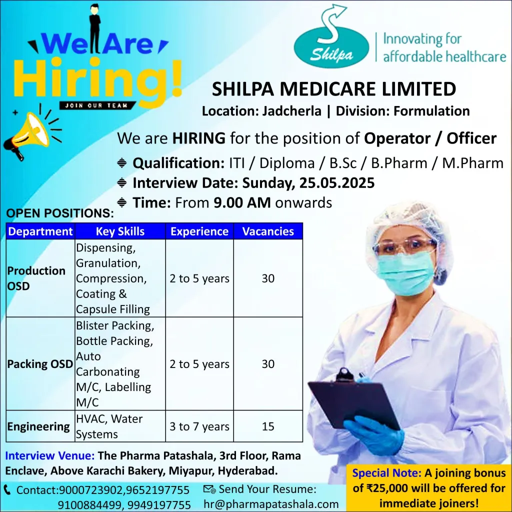 Walk-In Interview at Shilpa Medicare – 75+ Openings in Production , Engineering , & Packing Walk-In Interview at Shilpa Medicare – 75+ Openings in Production , Engineering , & Packing