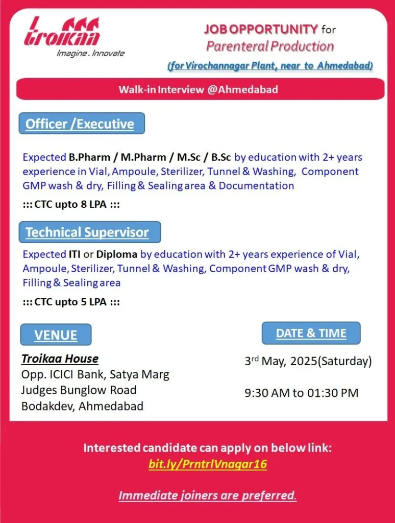 Troikaa Pharma Hiring for Parenteral Production Troikaa Pharma Hiring for Parenteral Production