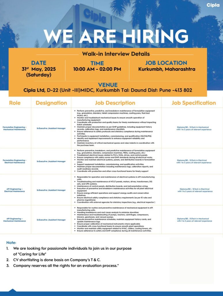 Cipla Walk-In Drive 2025: Mechanical & Electrical Jobs in Pune – Apply Now Cipla Walk-In Drive 2025: Mechanical & Electrical Jobs in Pune – Apply Now