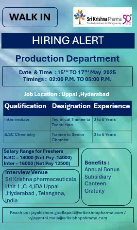 Sri Krishna Pharma Hiring Freshers & Experienced for Production Department Sri Krishna Pharma Hiring Freshers & Experienced for Production Department