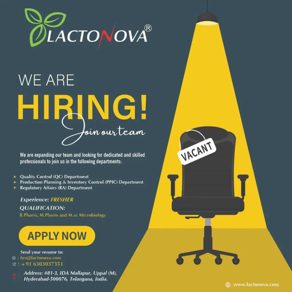 Lactonova Hiring FRESHERS for QC, Production & Regulatory Affairs Lactonova Hiring FRESHERS for QC, Production & Regulatory Affairs