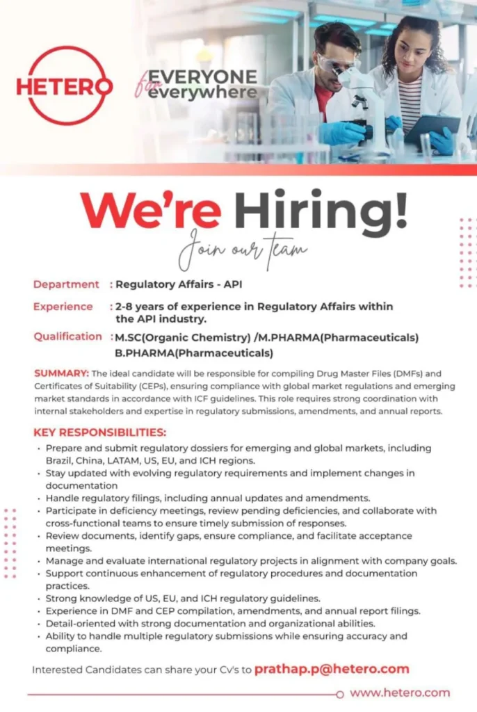 Hetero Biopharma Hiring for Regulatory Affairs Specialist - API Hetero Biopharma Hiring for Regulatory Affairs Specialist - API