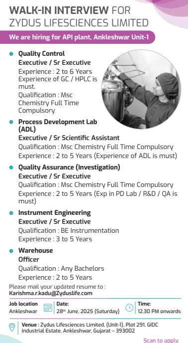 Zydus Lifesciences Walk-In Drive 2025: QC, QA, ADL, Warehouse & Engineering Jobs Zydus Lifesciences Walk-In Drive 2025: QC, QA, ADL, Warehouse & Engineering Jobs