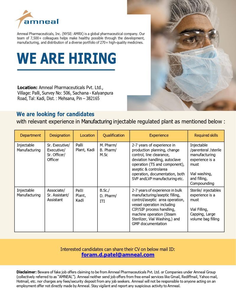Amneal Pharmaceuticals Hiring for Injectable Manufacturing Roles Amneal Pharmaceuticals Hiring for Injectable Manufacturing Roles