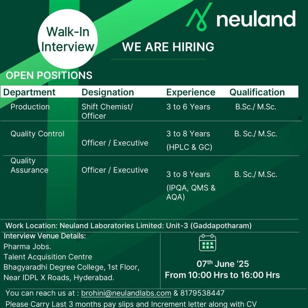 Walk-In Interviews at Neuland Labs: Hiring QC/ QA & Production Officers Walk-In Interviews at Neuland Labs: Hiring QC/ QA & Production Officers