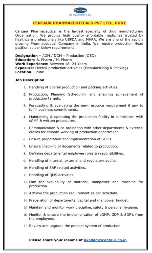 Hiring: OSD Production Lead at Centaur Pharmaceuticals | cGMP Compliance Role Hiring: OSD Production Lead at Centaur Pharmaceuticals | cGMP Compliance Role