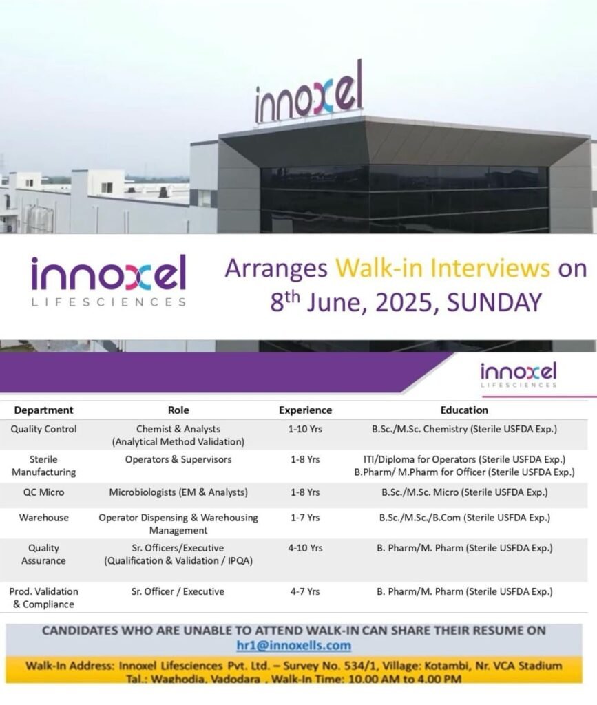 Urgent Openings at Innoxel: QC/ QA/ Manufacturing/ Warehouse/ Prod. Validation Jobs – Apply Now Urgent Openings at Innoxel: QC/ QA/ Manufacturing/ Warehouse/ Prod. Validation Jobs – Apply Now