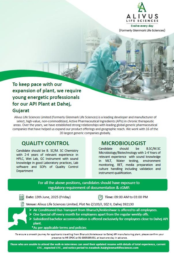 Alivus Life Sciences Hiring for Quality Control & Microbiologist on 13th June 2025 Alivus Life Sciences Hiring for Quality Control & Microbiologist on 13th June 2025