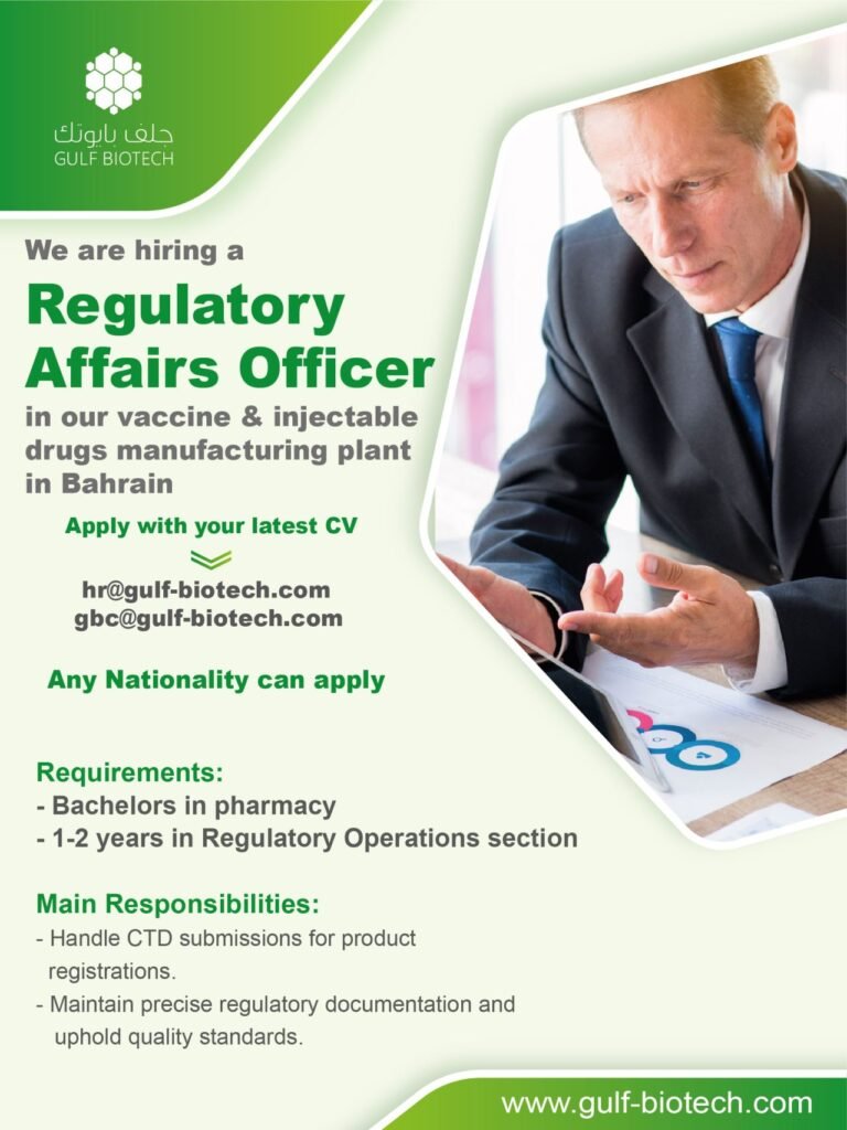 Regulatory Affairs Officer Job Opening at Gulf Biotech – Apply Now! Regulatory Affairs Officer Job Opening at Gulf Biotech – Apply Now!