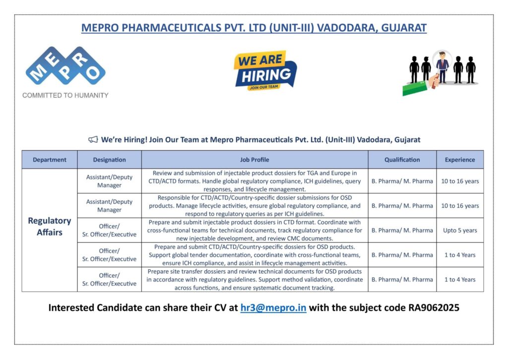 Regulatory Affairs Jobs at Mepro Pharma (B.Pharma/ M.Pharma) – Apply Now Regulatory Affairs Jobs at Mepro Pharma (B.Pharma/ M.Pharma) – Apply Now