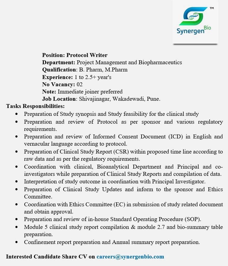 Clinical Research Careers: Protocol Writer Vacancy at Bio Synergen in Pune Clinical Research Careers: Protocol Writer Vacancy at Bio Synergen in Pune