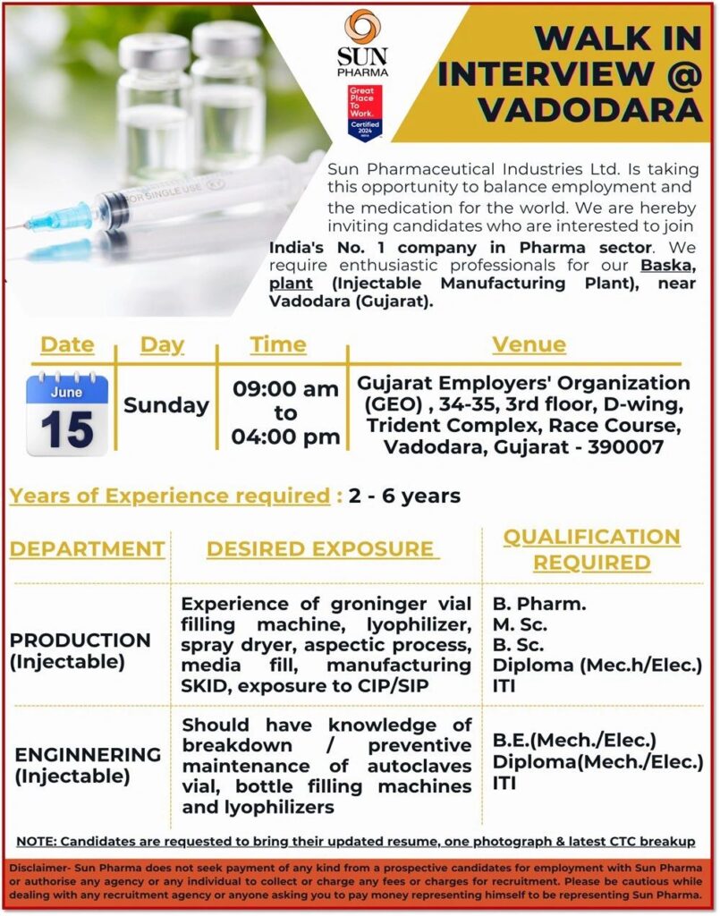 Sun Pharma Walk-In Drive in Vadodara – Production & Engineering Jobs (June 15) Sun Pharma Walk-In Drive in Vadodara – Production & Engineering Jobs (June 15)