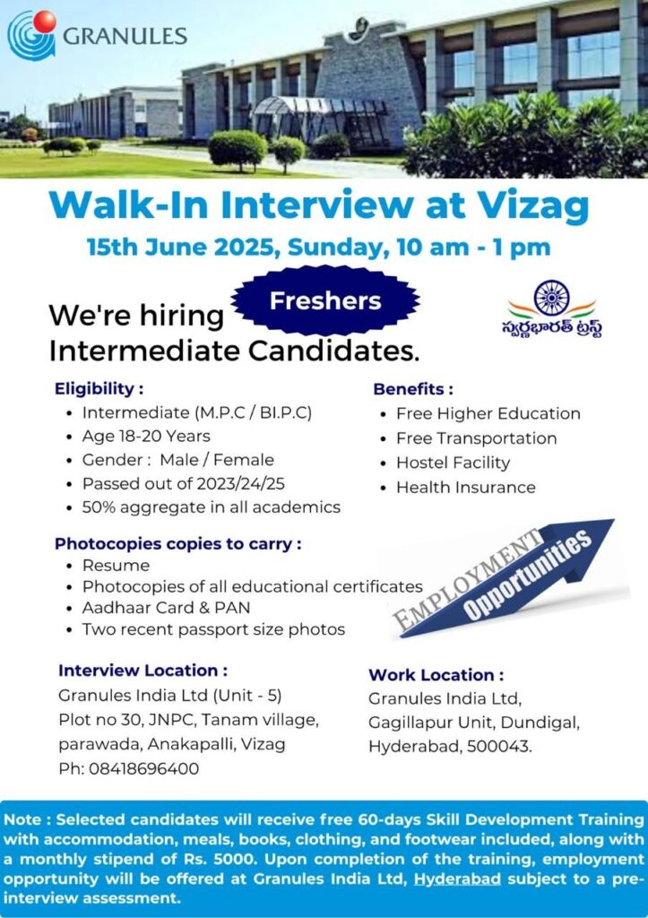 Walk-In Interview at Granules India Ltd, Vizag – Freshers & Intermediate Candidates (15th June 2025) Walk-In Interview at Granules India Ltd, Vizag – Freshers & Intermediate Candidates (15th June 2025)