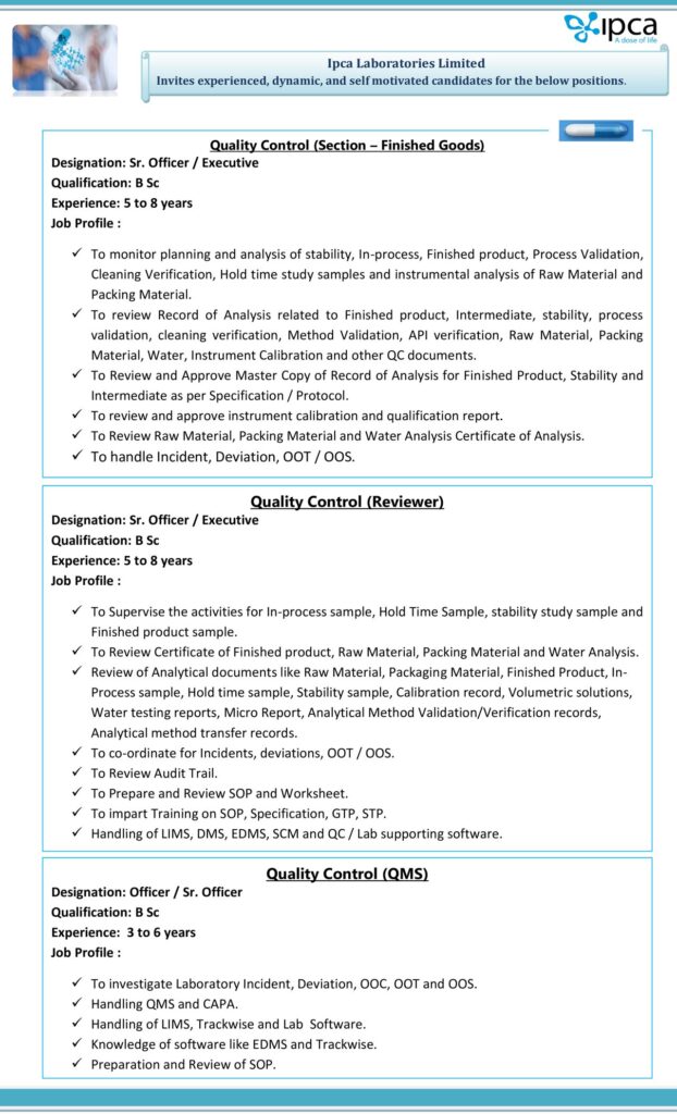 Ipca Laboratories Hiring for Quality Control - B.Sc Candidates Ipca Laboratories Hiring for Quality Control - B.Sc Candidates