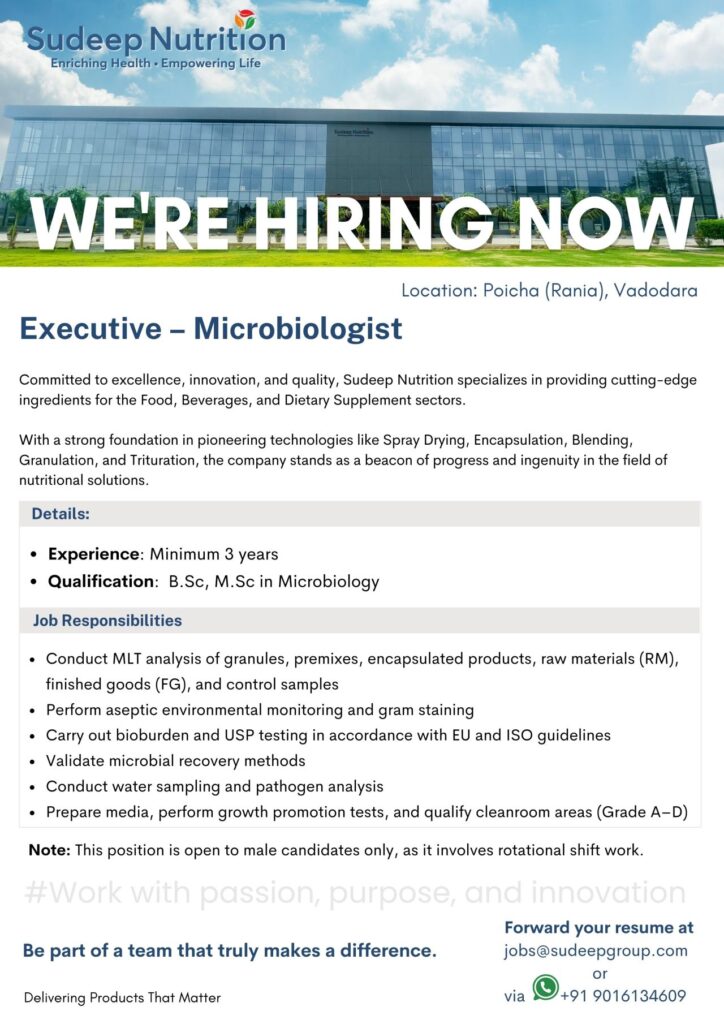 Hiring Microbiologist at Sudeep Nutrition, Vadodara – Apply Today Hiring Microbiologist at Sudeep Nutrition, Vadodara – Apply Today