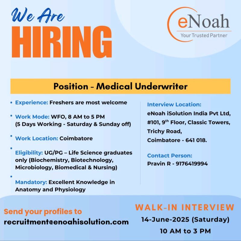 Medical Underwriter Job Opening at eNoah iSolution – Freshers Welcome Medical Underwriter Job Opening at eNoah iSolution – Freshers Welcome