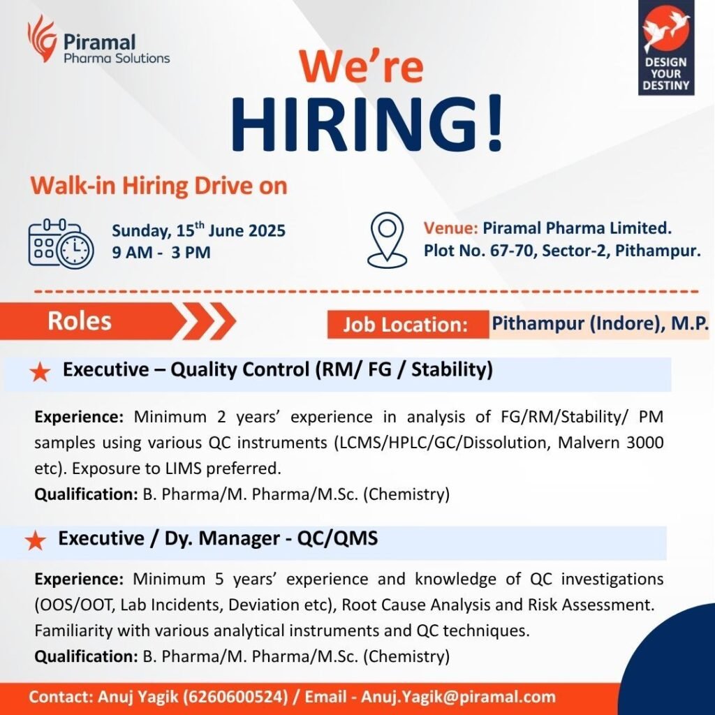 Piramal Pharma Solutions Walk-In Drive: Quality Control Executive & Manager Roles Piramal Pharma Solutions Walk-In Drive: Quality Control Executive & Manager Roles