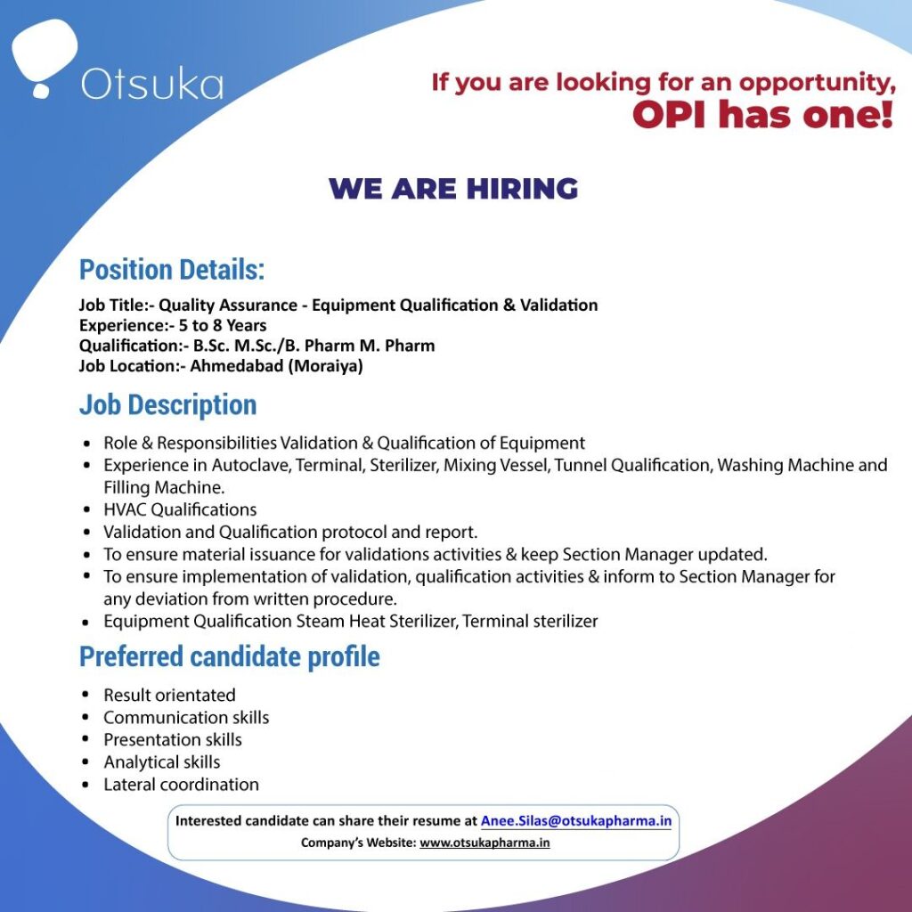 Quality Assurance Jobs in Pharma – Otsuka Hiring for Validation Experts Quality Assurance Jobs in Pharma – Otsuka Hiring for Validation Experts