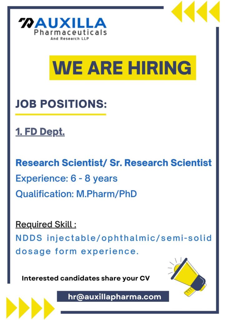 Research Scientist/ Sr. Research Scientist Job at Auxilla Pharmaceuticals – Apply Now! Research Scientist/ Sr. Research Scientist Job at Auxilla Pharmaceuticals – Apply Now!