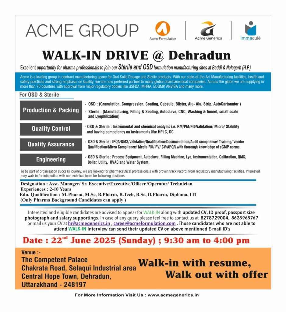 Urgent Pharma Jobs @ ACME Group – QA, QC, Production, Engineering Roles Urgent Pharma Jobs @ ACME Group – QA, QC, Production, Engineering Roles