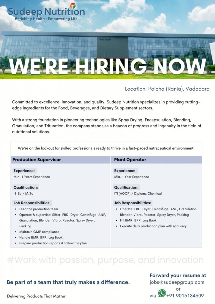 Sudeep Nutrition Hiring for Production / Plant Operator – Apply Now Sudeep Nutrition Hiring for Production / Plant Operator – Apply Now