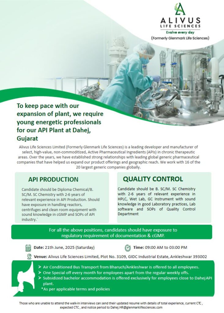 API Production & Quality Control Jobs at Alivus Life Sciences – Walk-In on 21st June 2025 API Production & Quality Control Jobs at Alivus Life Sciences – Walk-In on 21st June 2025