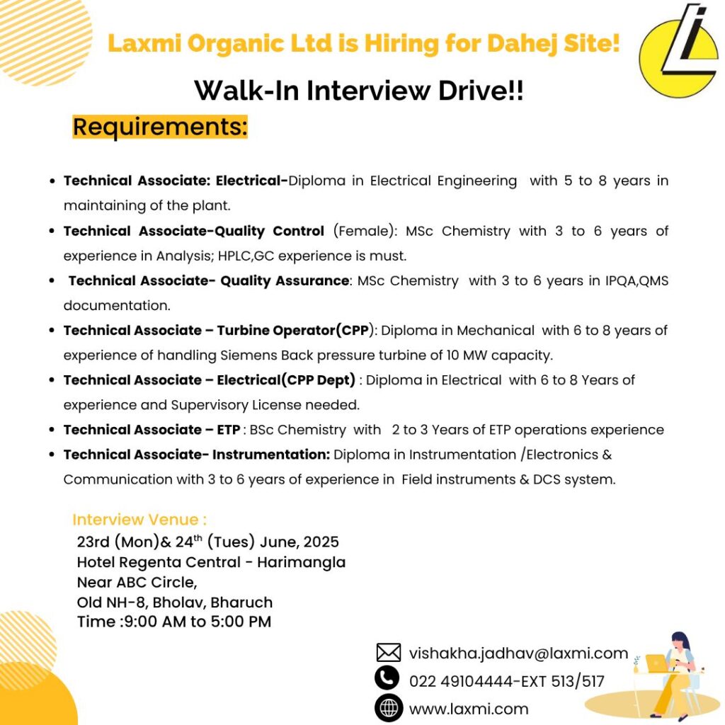 Laxmi Organic Ltd Walk-In Drive 2025: Multiple Pharma & Chemical Jobs in Dahej Laxmi Organic Ltd Walk-In Drive 2025: Multiple Pharma & Chemical Jobs in Dahej
