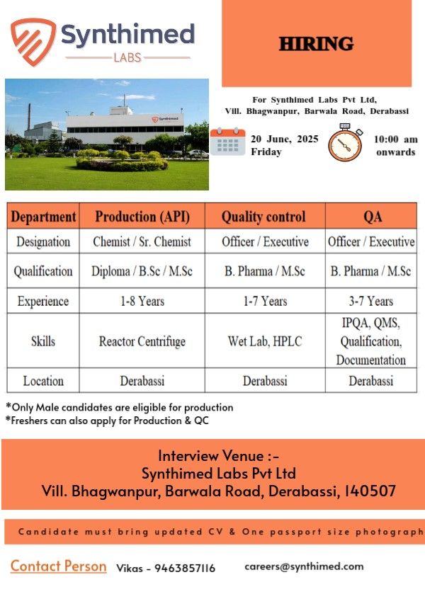 Production, QC, and QA Openings at Synthimed Labs – Walk-In Interview on 20th June 2025 Production, QC, and QA Openings at Synthimed Labs – Walk-In Interview on 20th June 2025