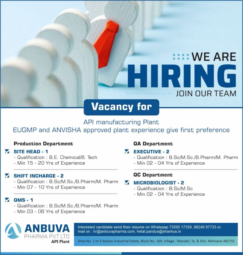 Anbuva Pharma Hiring for QA / QC & Production Roles – Apply Now! Anbuva Pharma Hiring for QA / QC & Production Roles – Apply Now!