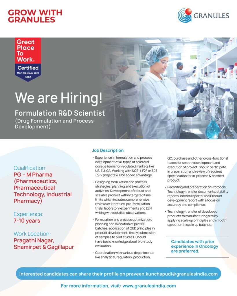 Formulation R&D Scientist Job at Granules India– M Pharma (Pharmaceutics) Required Formulation R&D Scientist Job at Granules India– M Pharma (Pharmaceutics) Required