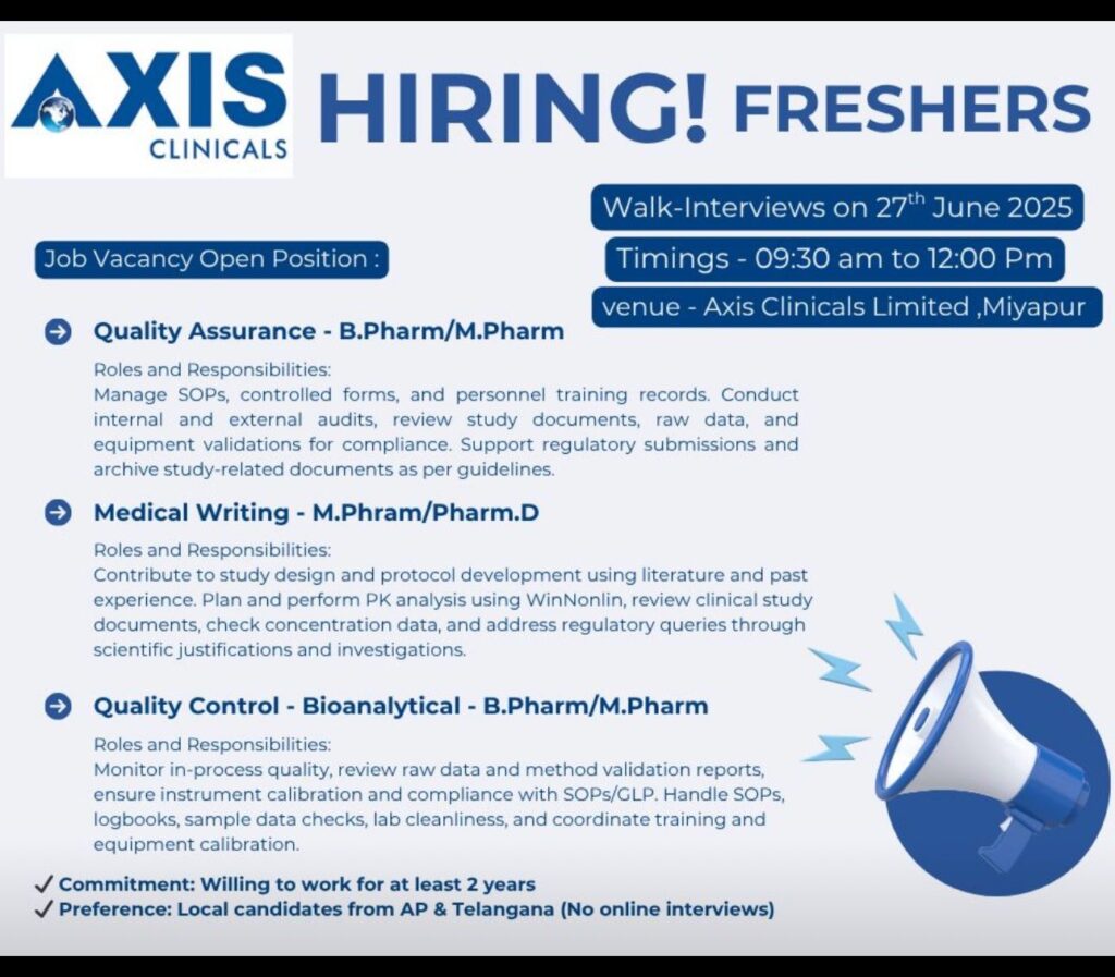 Walk-In Interviews for Freshers at AXIS Clinicals Ltd – Quality Assurance, Medical Writing & QC Roles Walk-In Interviews for Freshers at AXIS Clinicals Ltd – Quality Assurance, Medical Writing & QC Roles