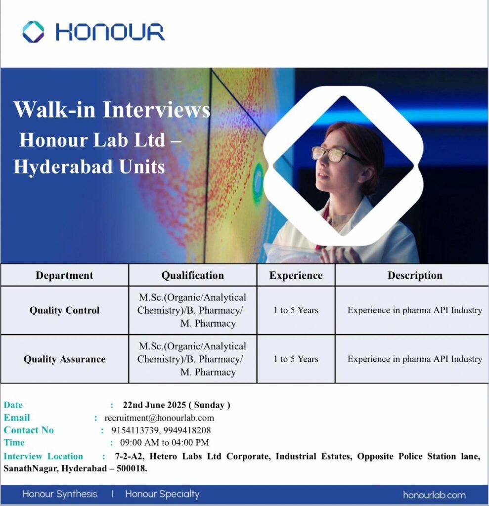 Walk-In Interviews at Honour Lab – Quality Control/ Quality Assurance Openings | 22nd June 2025 Walk-In Interviews at Honour Lab – Quality Control/ Quality Assurance Openings | 22nd June 2025