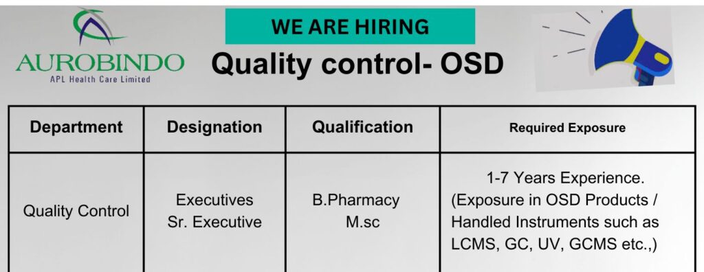 Aurobindo Pharma Hiring for Quality Control Executives Aurobindo Pharma Hiring for Quality Control Executives