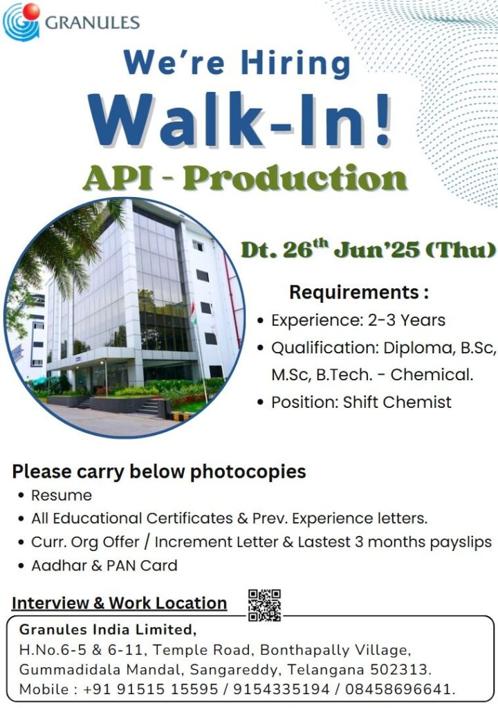 API Production Jobs: Shift Chemist Opening at Granules India Limited API Production Jobs: Shift Chemist Opening at Granules India Limited