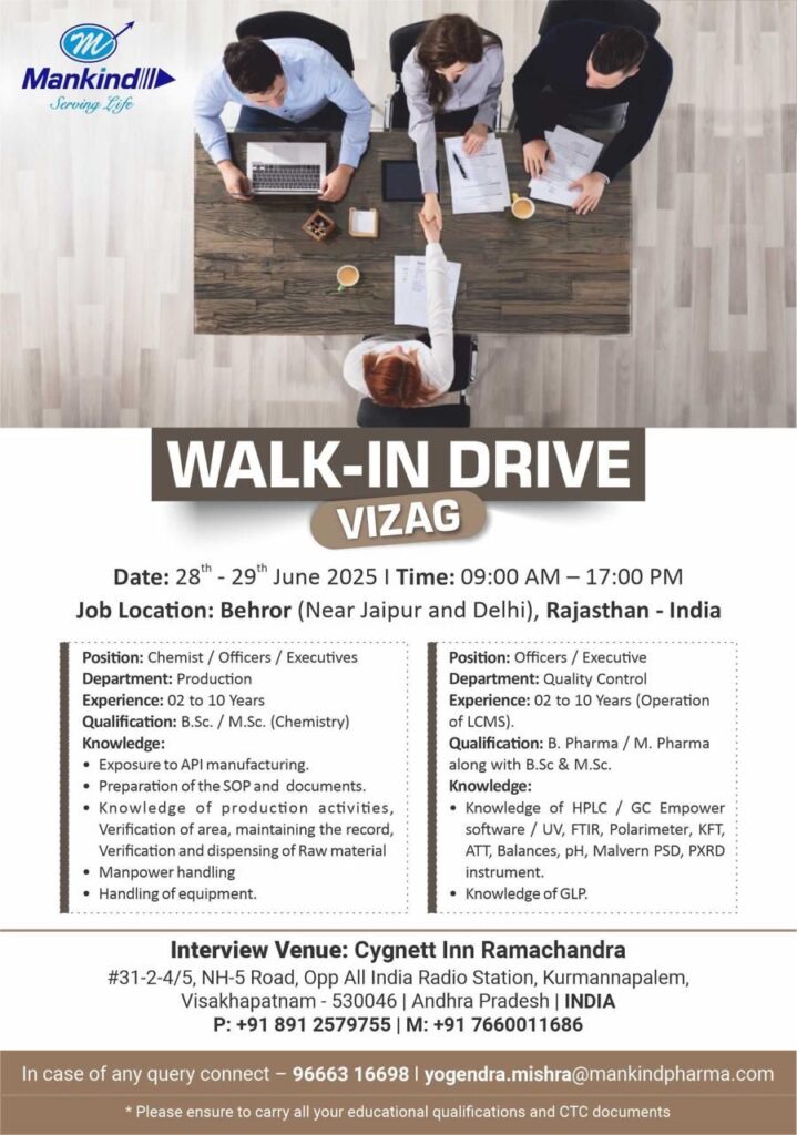 Walk-In Drive at Mankind Pharma for Production & Quality Control Roles – Vizag, June 2025 Walk-In Drive at Mankind Pharma for Production & Quality Control Roles – Vizag, June 2025