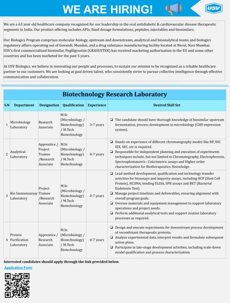 USV Pharmaceuticals Hiring for Biotech & Microbiology Job Openings (0 – 7 years Exp) USV Pharmaceuticals Hiring for Biotech & Microbiology Job Openings (0 – 7 years Exp)