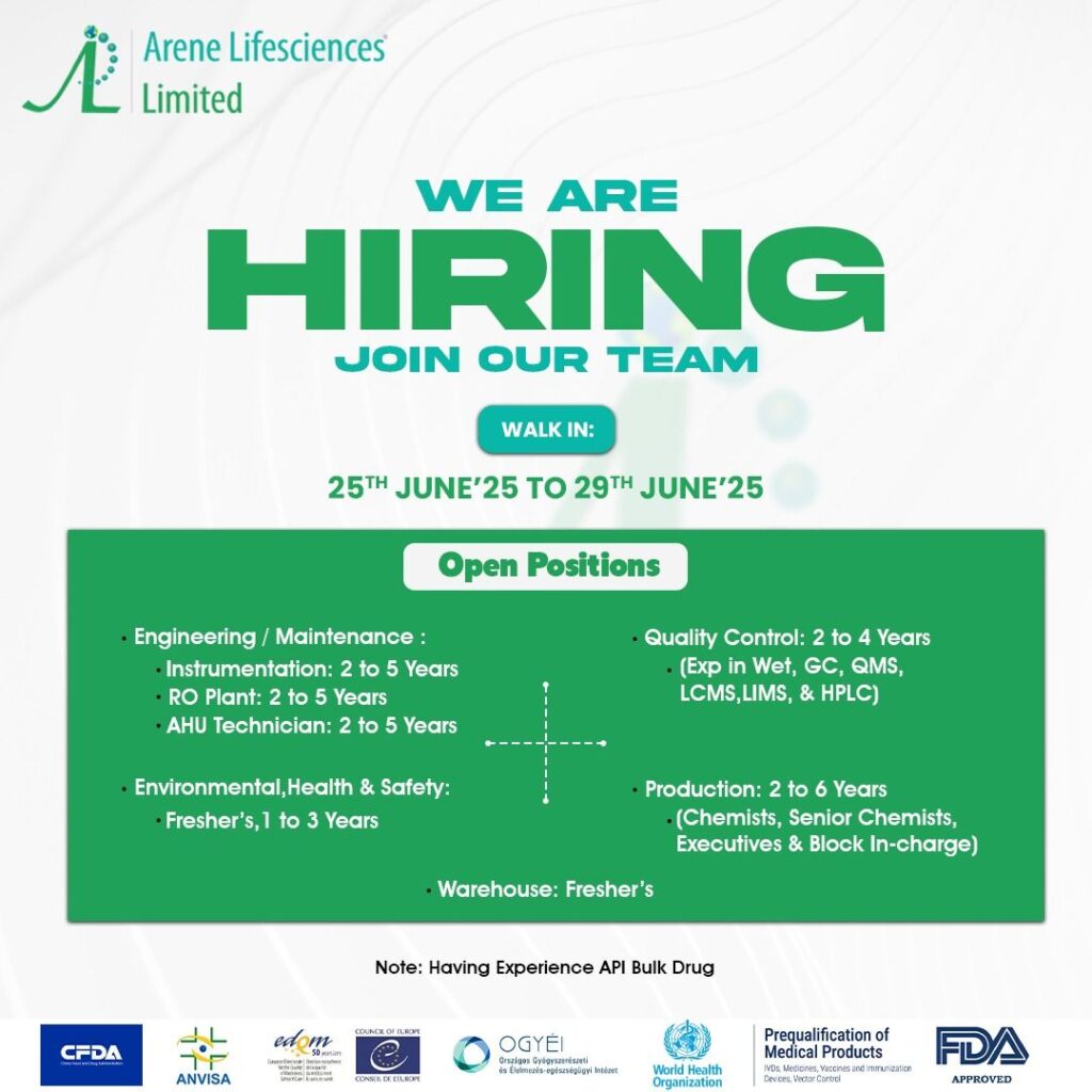 Walk-In Drive at Arene Life Sciences for Engineering/ QC/ Production/ EHS/ Warehouse on (June 2025) Walk-In Drive at Arene Life Sciences for Engineering/ QC/ Production/ EHS/ Warehouse on (June 2025)
