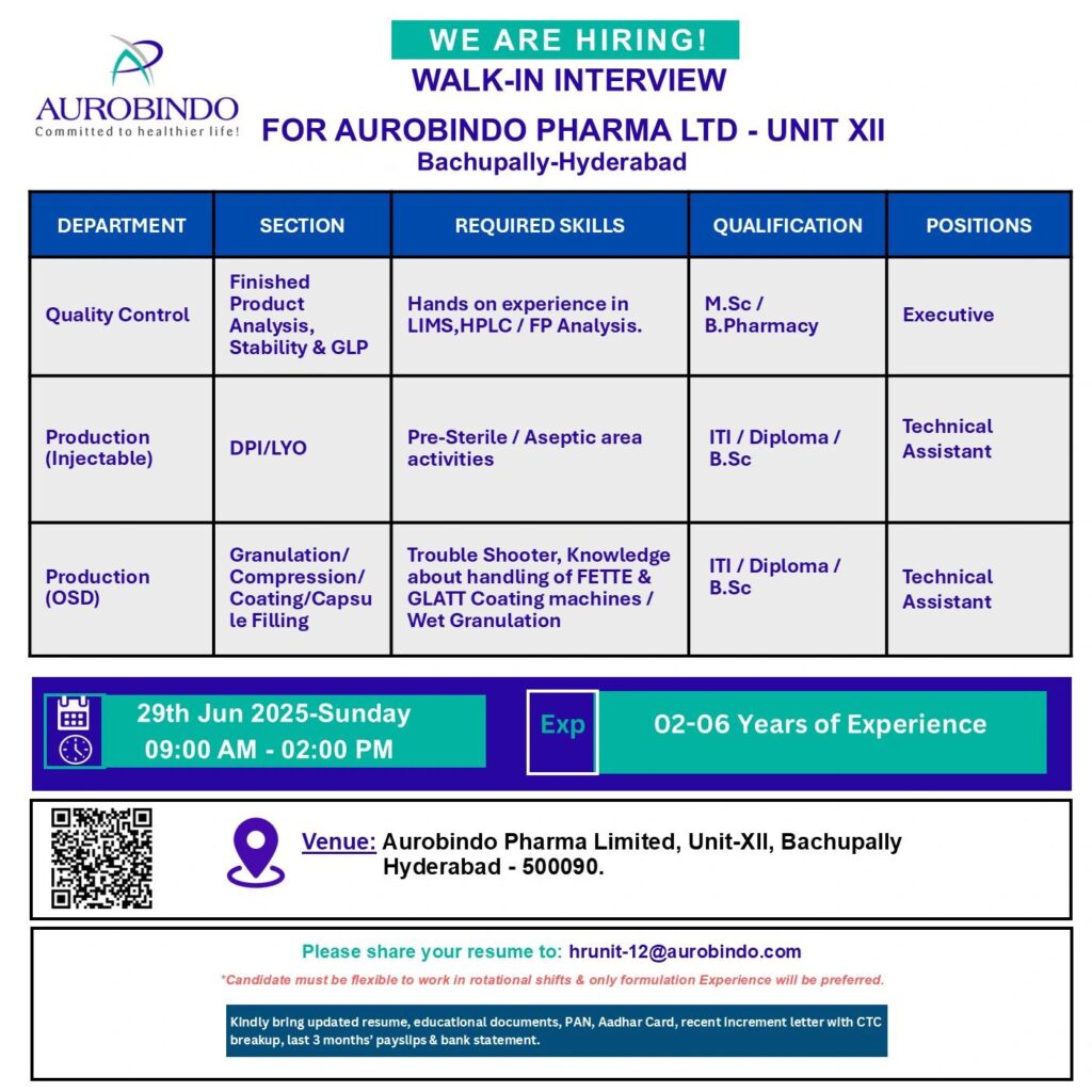 Walk-In Interviews at Aurobindo Pharma Ltd - Quality Control, Production (Injectable & OSD) Walk-In Interviews at Aurobindo Pharma Ltd - Quality Control, Production (Injectable & OSD)