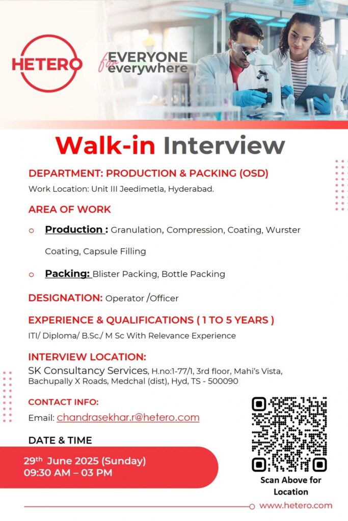 Urgent Openings at Hetero – Production & Packing Roles (Walk-In) Urgent Openings at Hetero – Production & Packing Roles (Walk-In)
