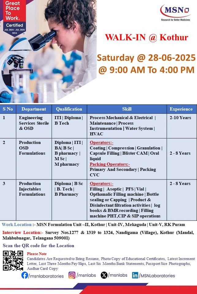 MSN Laboratories Walk-In Drive 2025: Engineering / Production Job Openings MSN Laboratories Walk-In Drive 2025: Engineering / Production Job Openings
