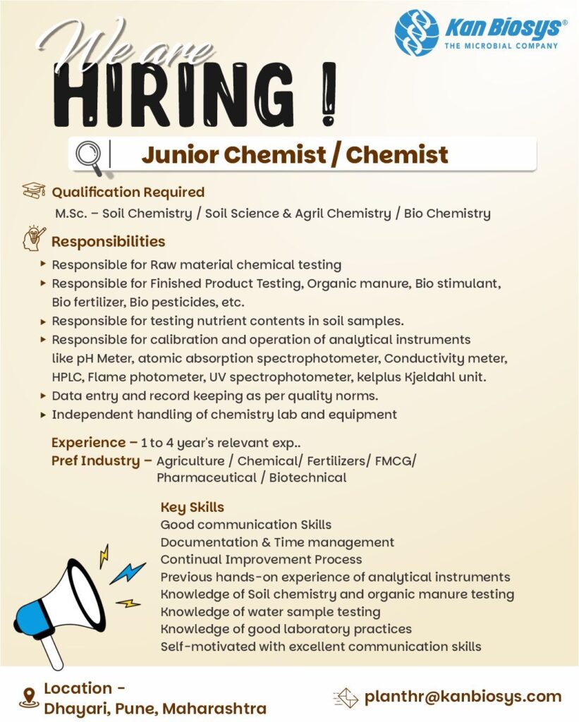 Junior Chemist/ Chemist Job Opening at Kan Biosys, Pune – Apply Now Junior Chemist/ Chemist Job Opening at Kan Biosys, Pune – Apply Now