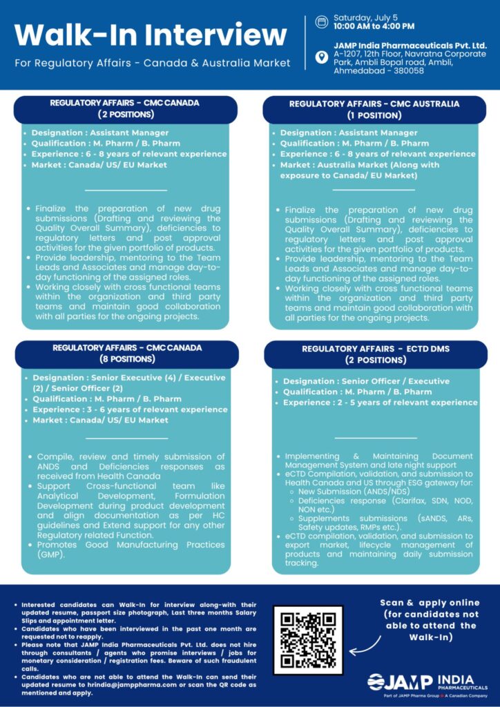 Walk-in Interview for Regulatory Affairs Positions at JAMP India Pharmaceuticals Walk-in Interview for Regulatory Affairs Positions at JAMP India Pharmaceuticals