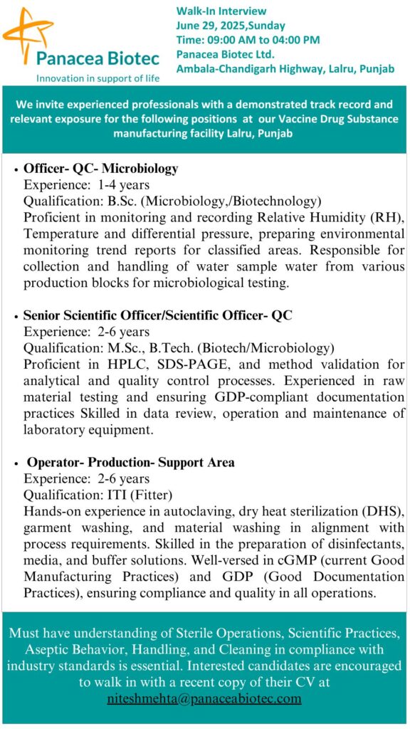 Panacea Biotec Walk-In Drive 2025: Exciting Pharma Jobs in QC, Production & Scientific Roles Panacea Biotec Walk-In Drive 2025: Exciting Pharma Jobs in QC, Production & Scientific Roles